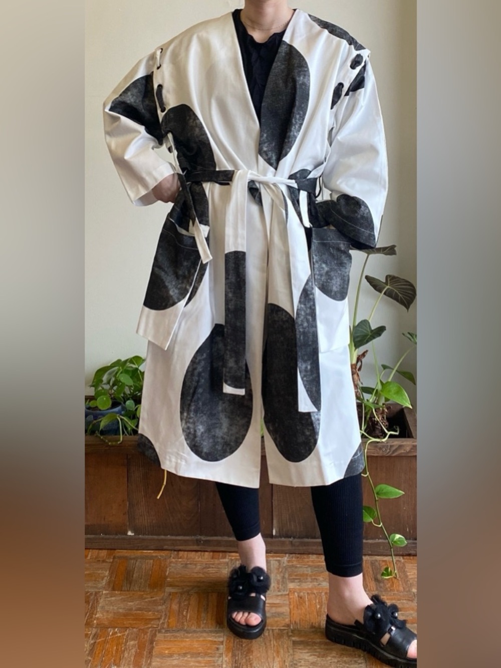 Matthildur Black & White Abstract Circle Belted Trench Coat